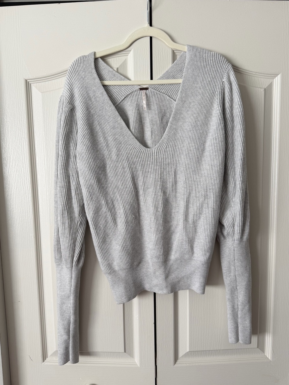 Free People Light Gray Ribbed Deep V-Neck Sweater